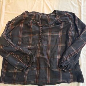 Madewell Black Plaid Top with Rust and Tan Stripes